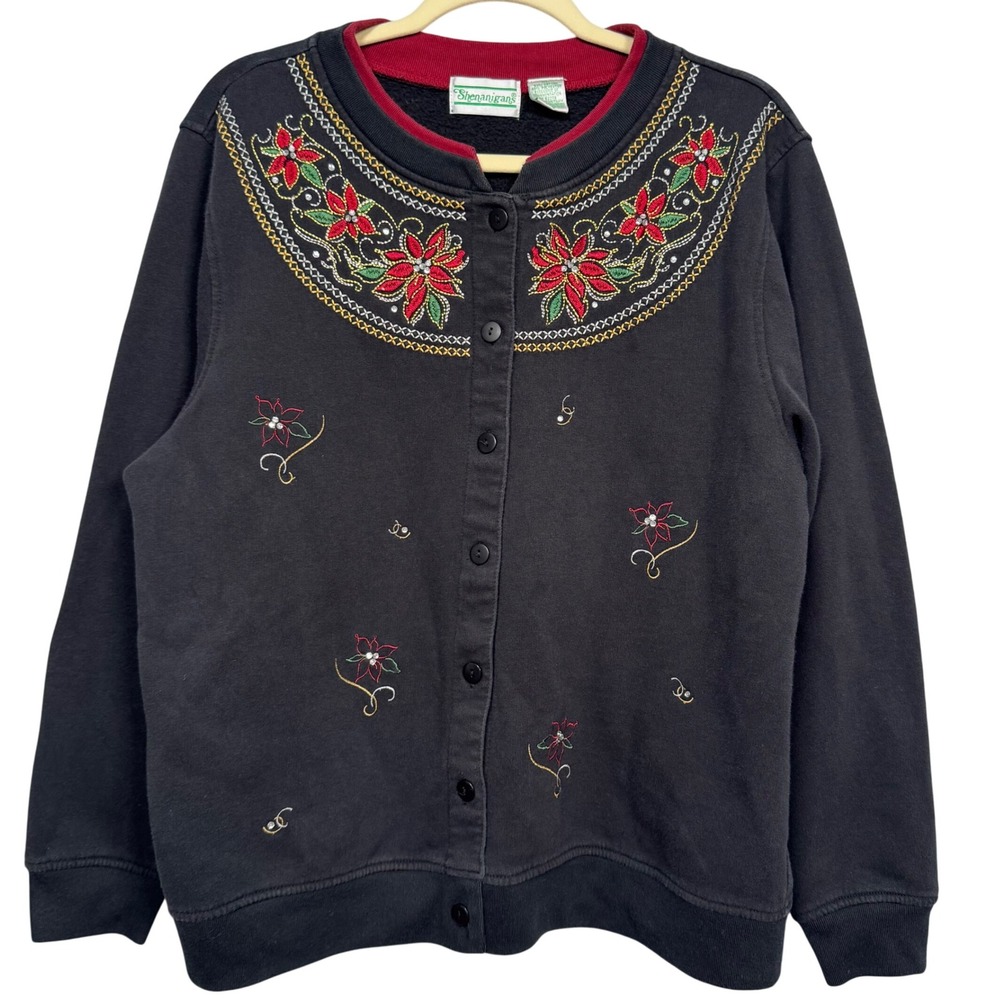 VTG Women XL Black Embroidery Poinsettia Ugly Christmas Cardigan Festive Holiday